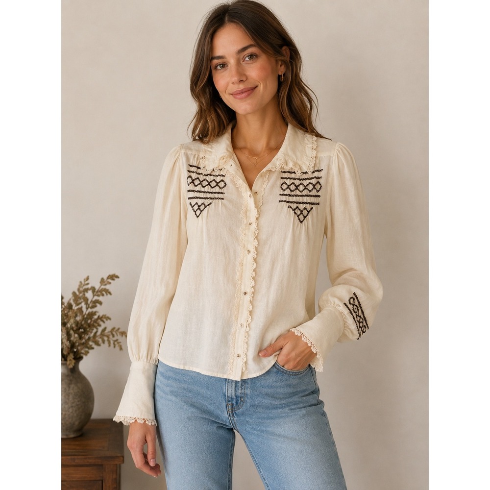 Laurence Bras Womens S Blouse Ivory Linen Embroidered Ruffle Smocked Victorian
